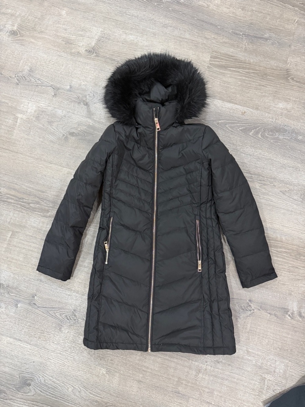 MICHAEL Michael Kors Black Quilted Long Puffer Coat with Faux Fur Hood